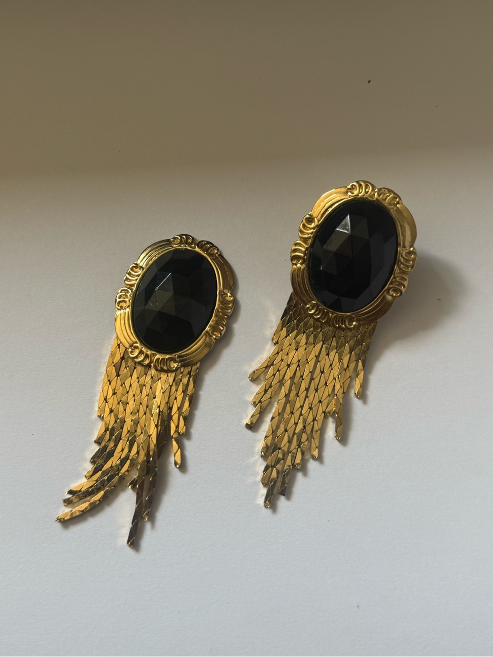 Vintage Gold and Black Fringe Drop Earrings with Faceted Onyx Accent